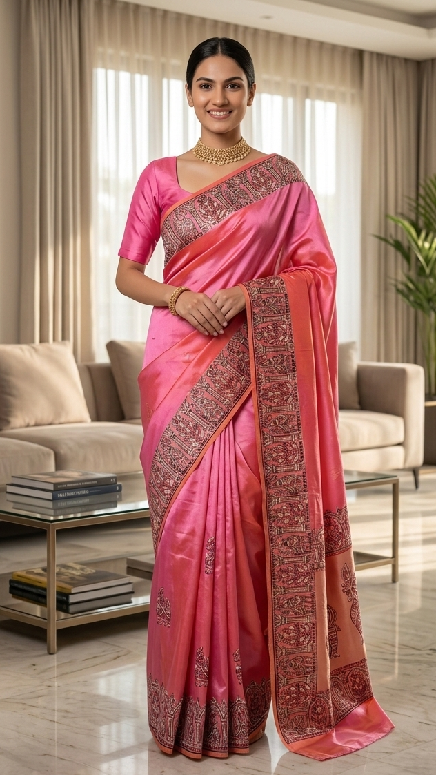 Woman in a pink saree with red border standing in a modern living room.