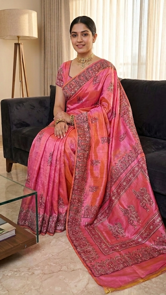 Woman in a pink saree sitting on a couch in a living room.
