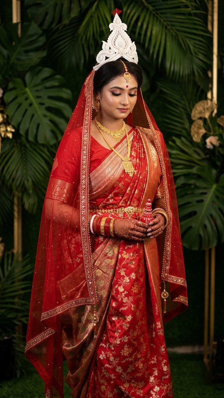 A bengali bride wearing Red Pure Katan Silk saree with floral meenakari work in a garden.