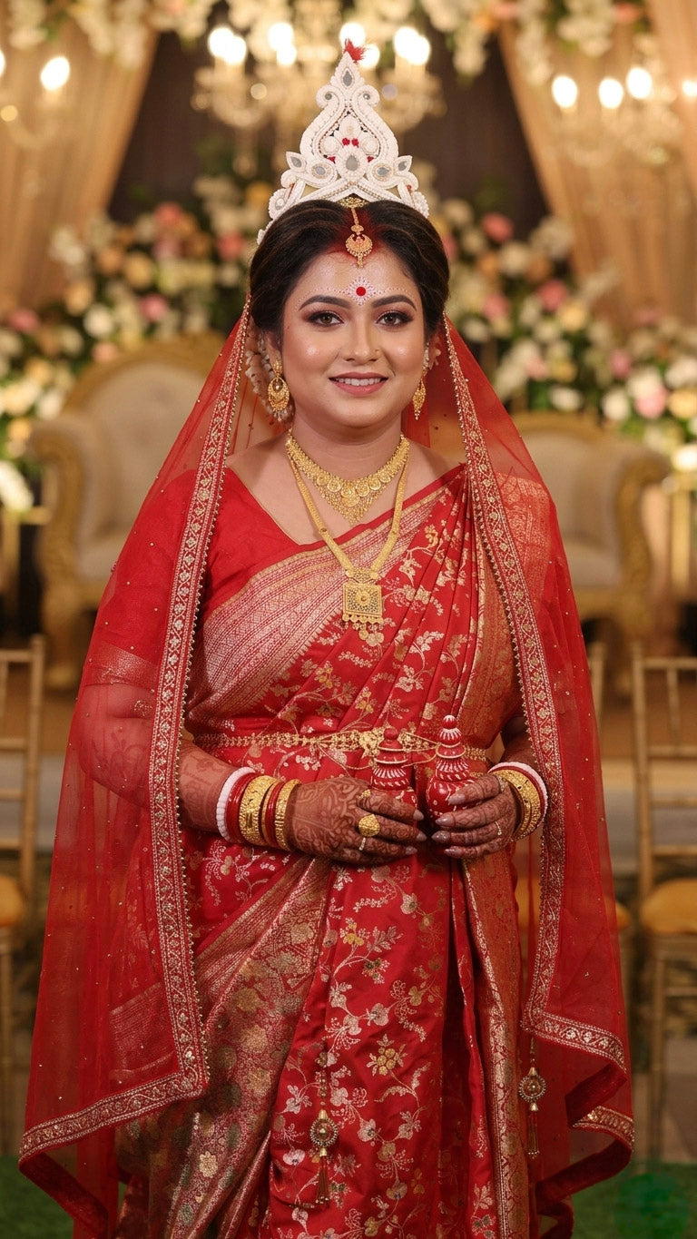 A bengali bride wearing Red Pure Katan Silk saree with floral meenakari work in a garden.