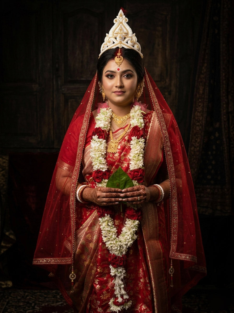 A bengali bride wearing Red Pure Katan Silk saree with floral meenakari work in a rustic background.
