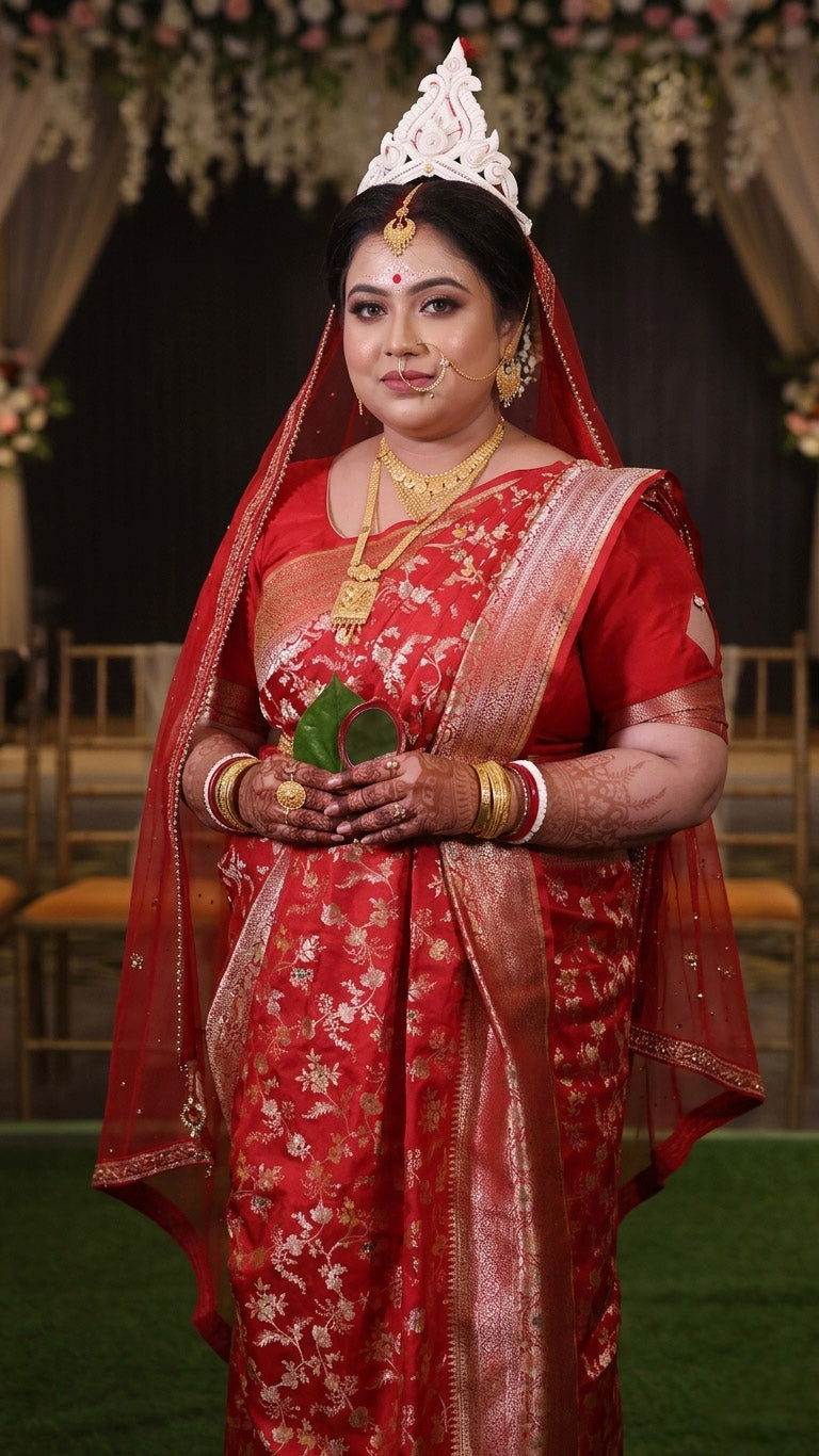 Bengali Bride in traditional red saree with gold jewelry at a wedding location