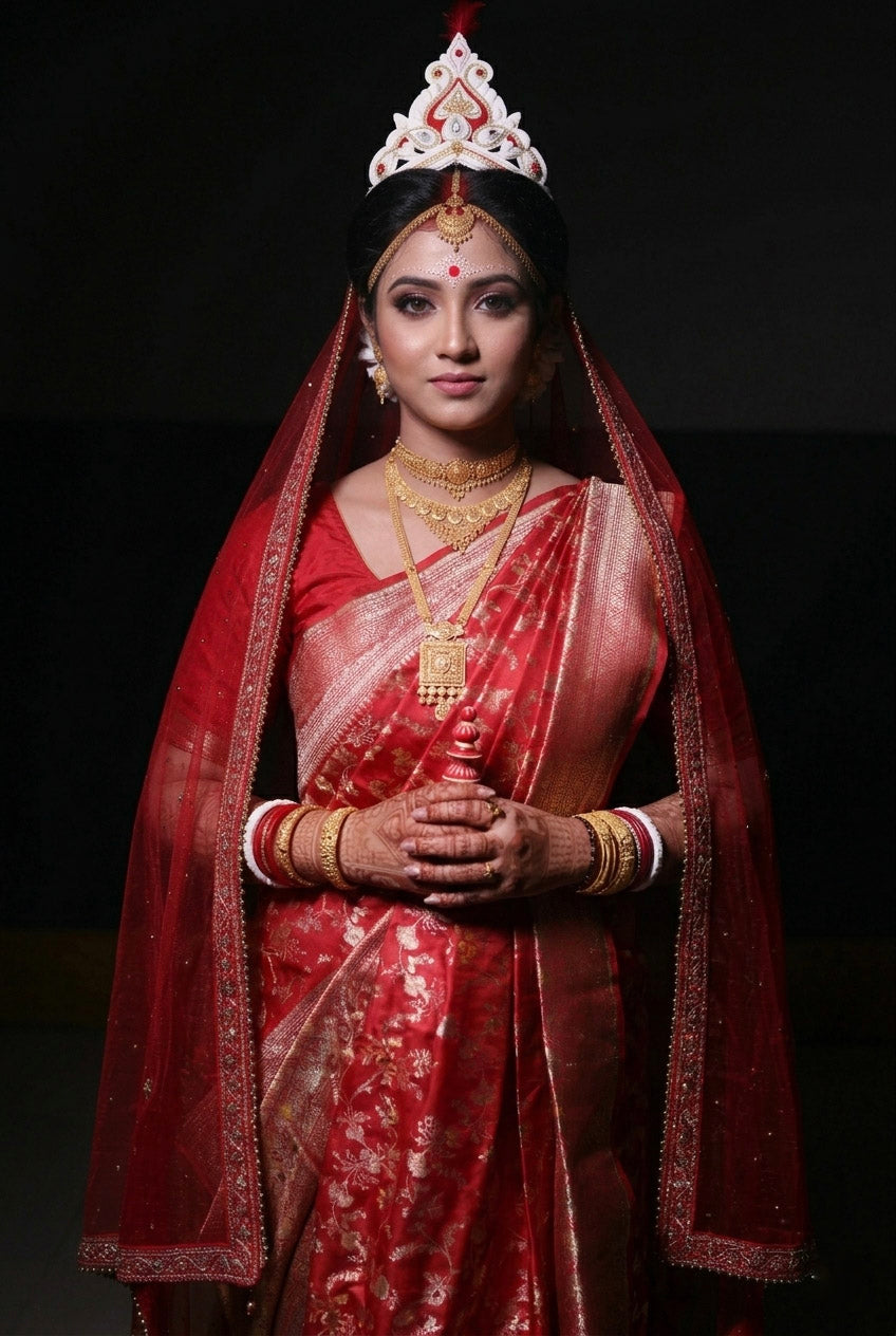 A bengali bride wearing Red Pure Katan Silk saree with floral meenakari againt a dark background.
