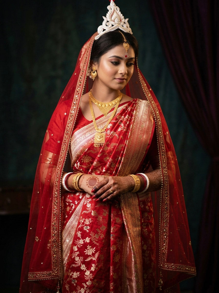 A bengali bride wearing Red Pure Katan Silk saree with floral meenakari work against a dark background.