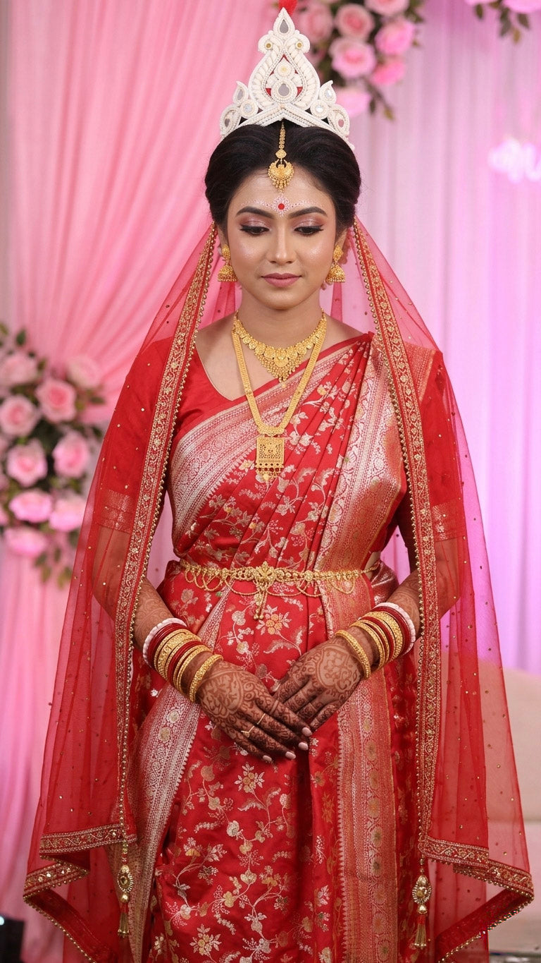 Bengali bride in traditional red bridal outfit with jewelry and a tiara against a pink floral backdrop