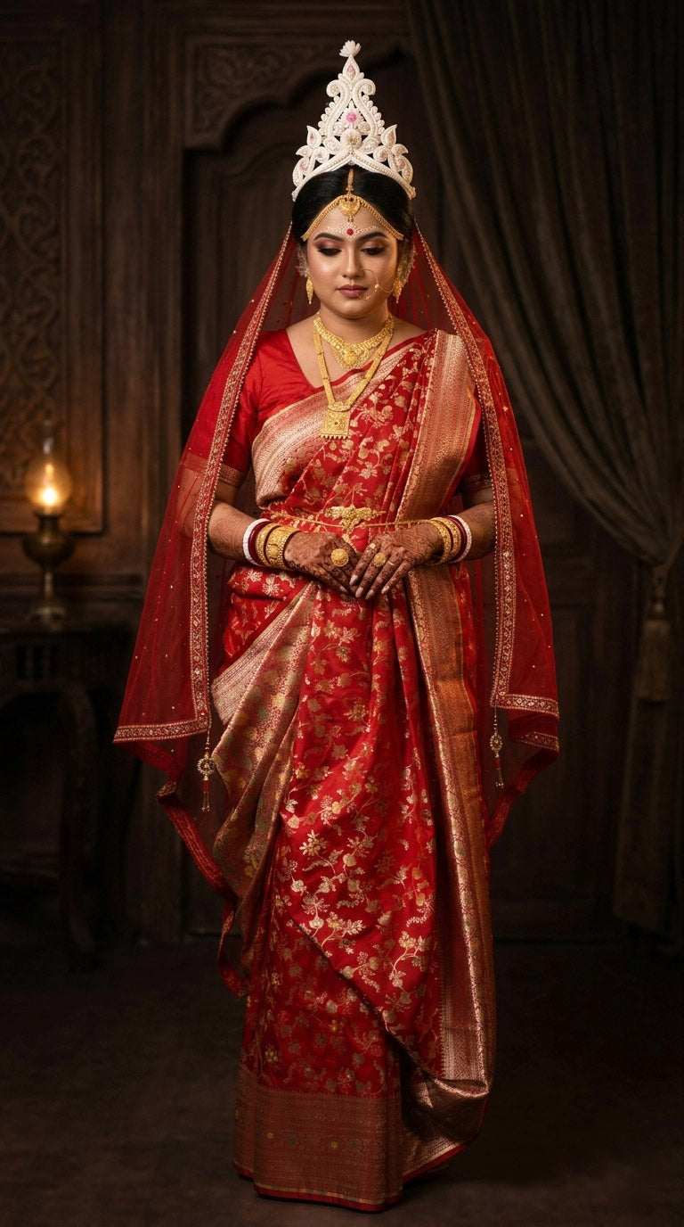 Woman in traditional red and gold saree with jewelry and headpiece against a dark background