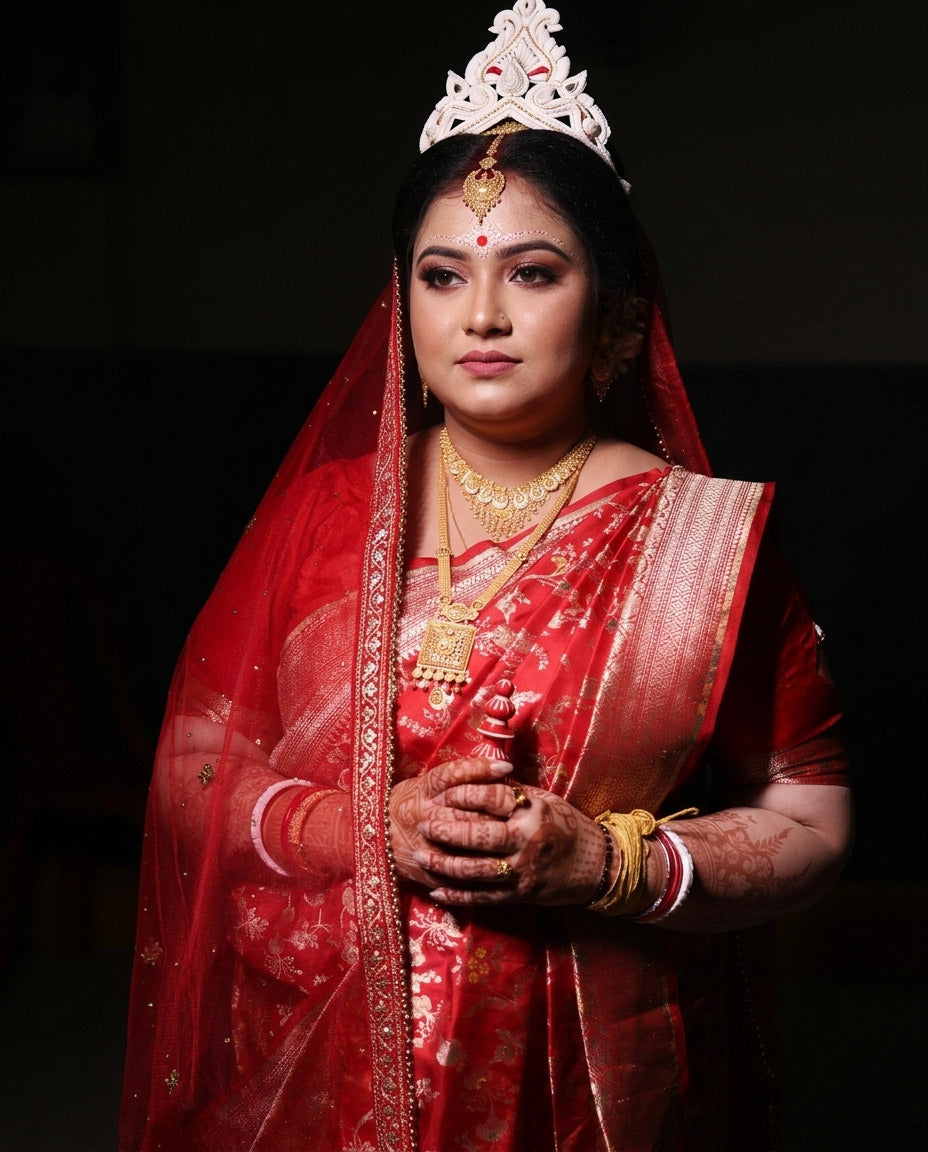 A bengali bride wearing Red Pure Katan Silk saree with floral meenakari work in studio lighting.