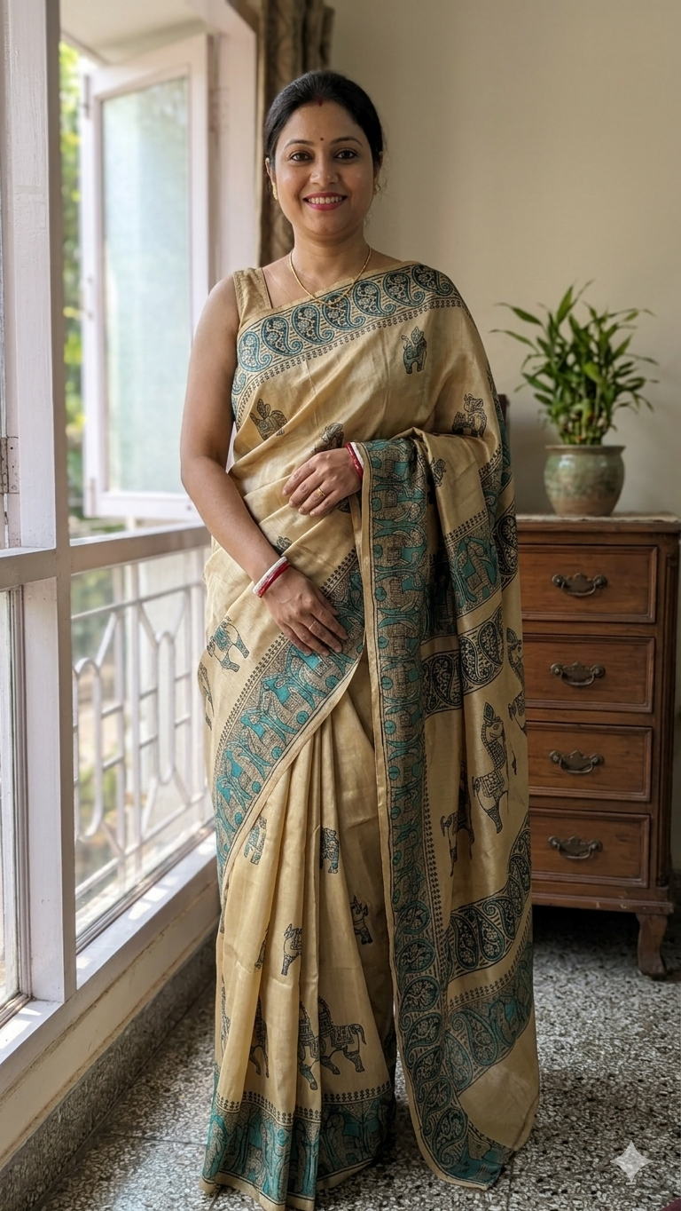 Woman in a beige pure silk saree with green patterns standing by a window.