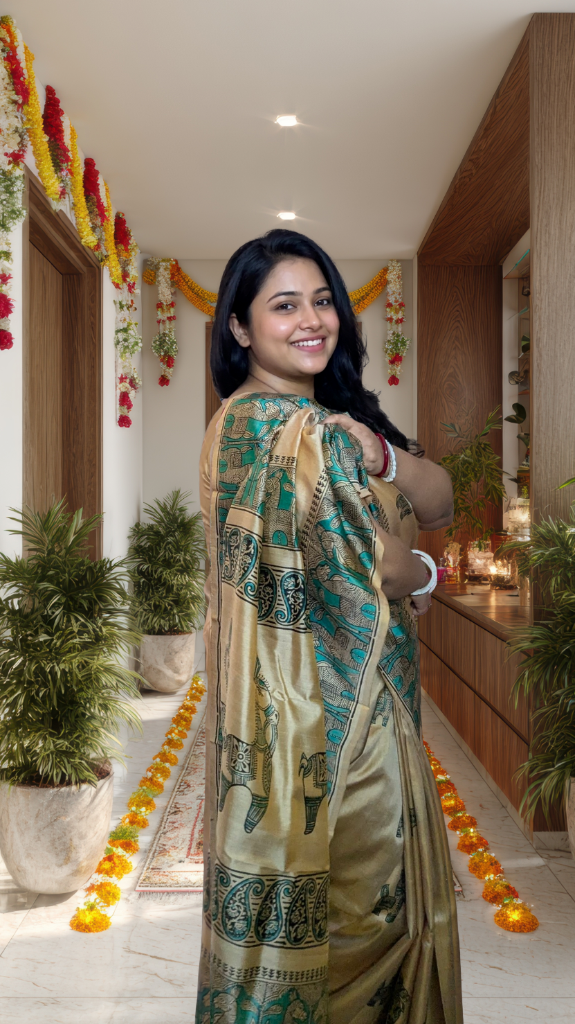 Woman in a beige pure katan silk saree standing in a decorated indoor setting with plants and lights.