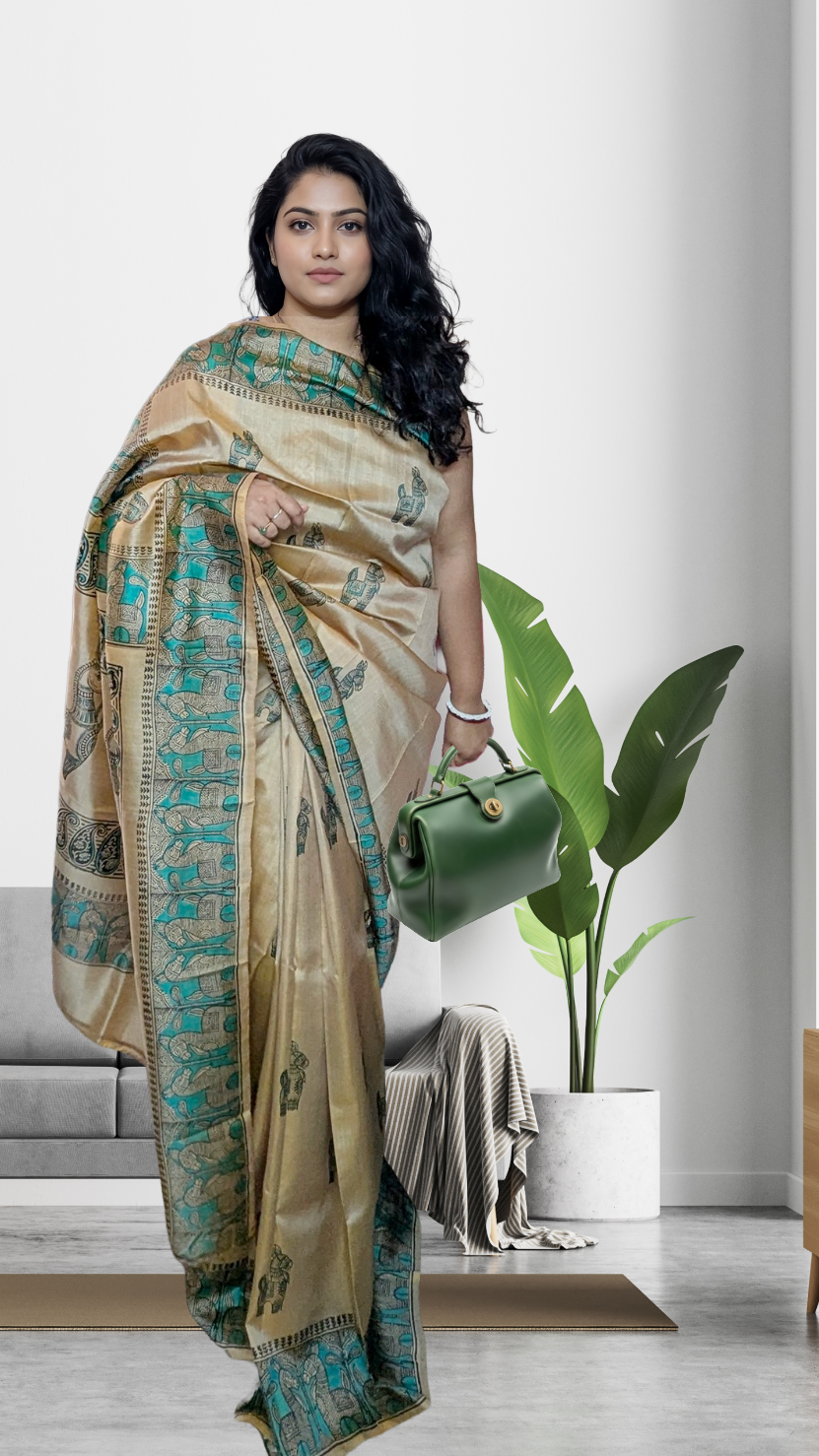 Woman wearing a traditional pure katan silk saree with a green and beige pattern in a modern indoor setting.