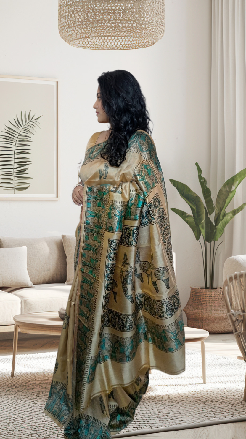 Woman in a beige pure Katan Silk Saree, showing Pallu, standing in a living room with decor elements.