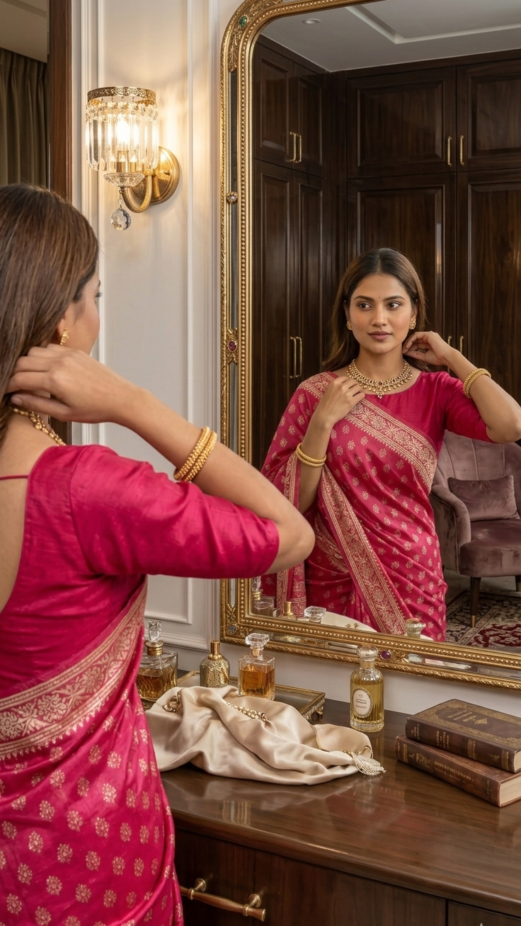 Woman adjusting her pure silk saree in front of a mirror in a well-lit room.