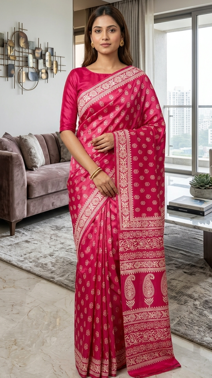 Woman wearing a pink pure katan silk saree with a white motifs in a modern living room.