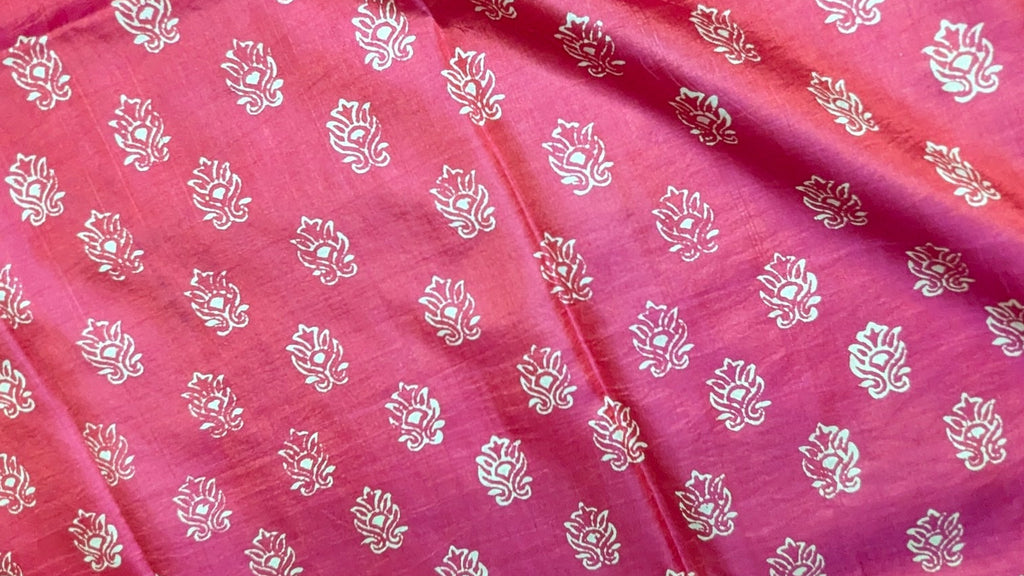 Pink pure katan silk saree with white floral pattern 