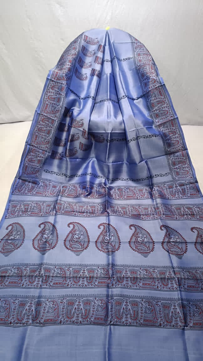 Bishnupuri Pure Katan Silk - Metallic Blue | Handloom Saree | Handblock print