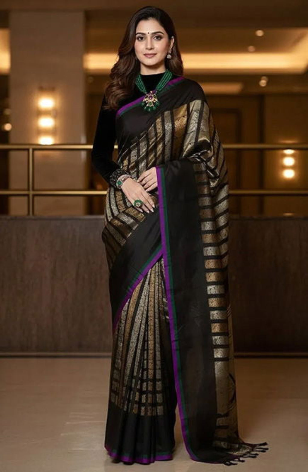Woman wearing a black and gold saree with a purple border indoors.