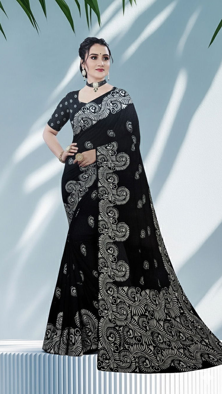Woman wearing a black saree with white alpona paint, against a light background