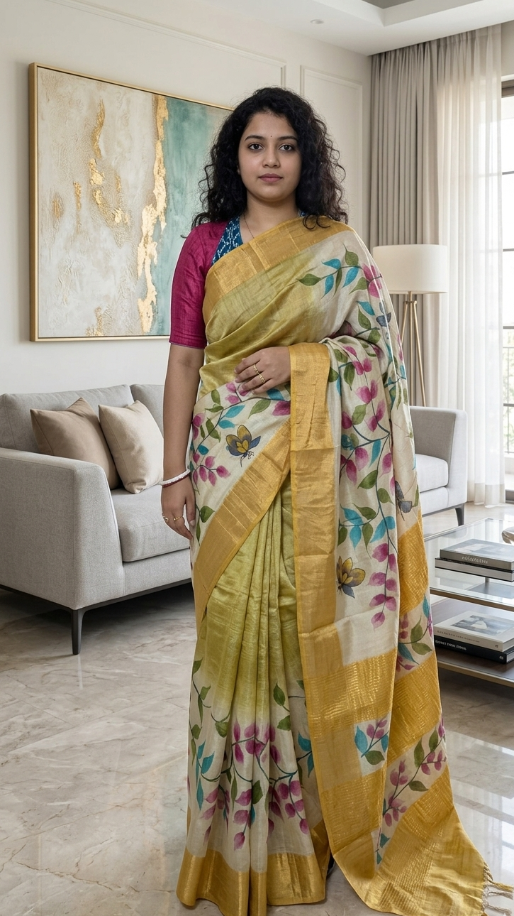 Woman in a floral saree standing in a modern living room.
