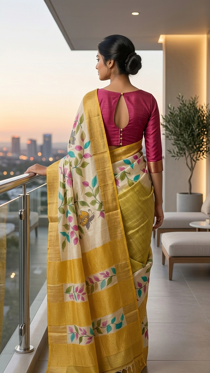 Woman in a yellow saree with a floral pattern standing on a balcony with a cityscape view.
