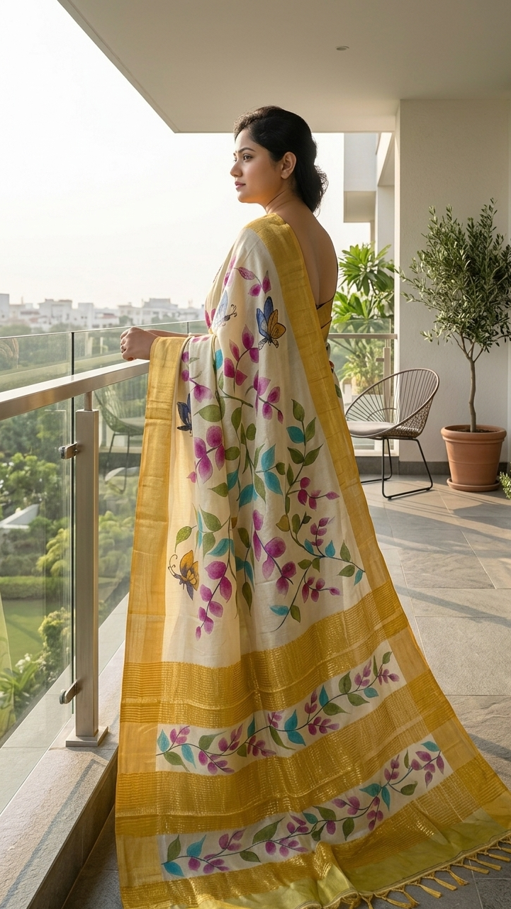 Woman standing on a balcony wearing a yellow and white floral saree.