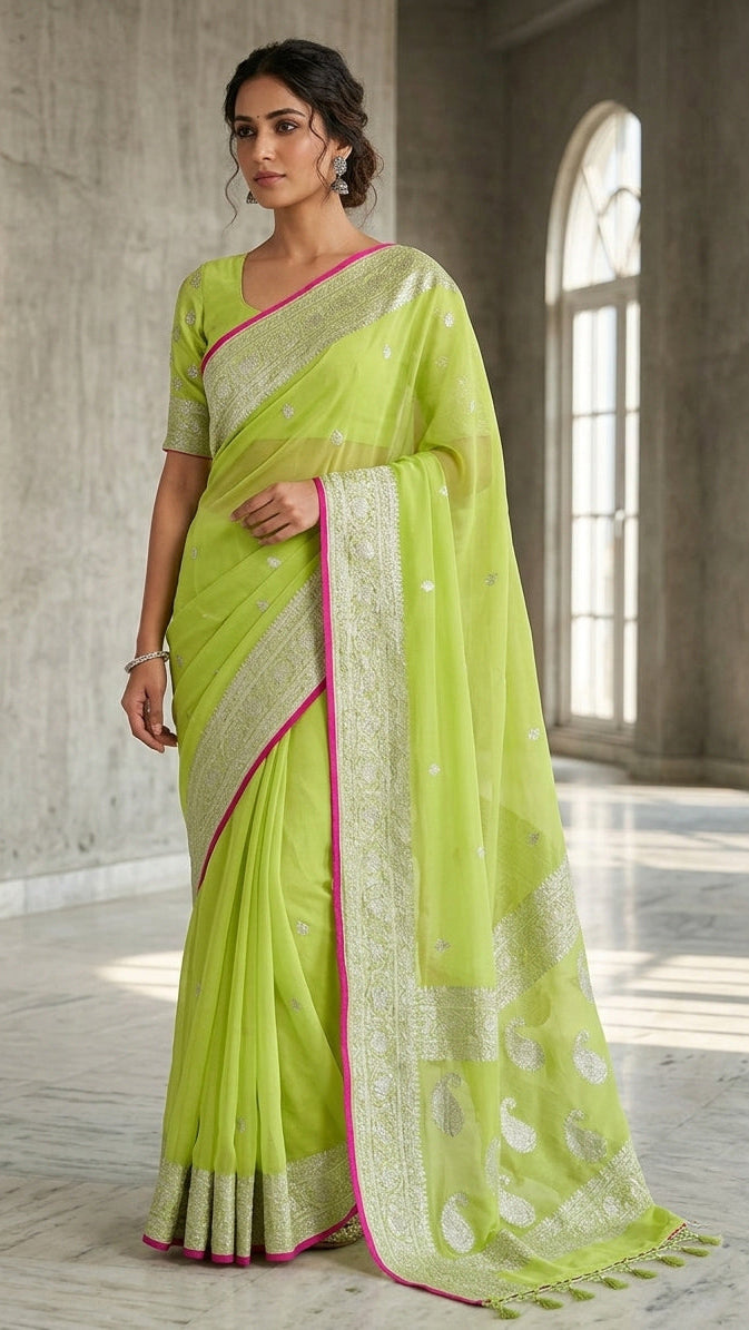 A woman models a bright lime green saree with a matching printed blouse in a grand, sunlit stone hall. The saree features a wide silver-gold zari border and a vibrant pink accent trim.