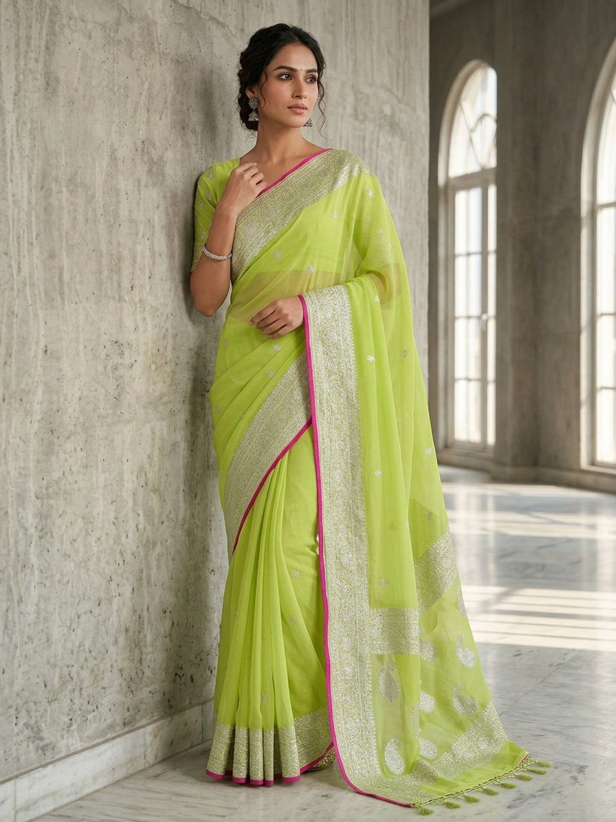 A woman models a bright lime green saree with a silver zari border and pink accent piping, standing in a grand, sunlit stone hall with arched windows.