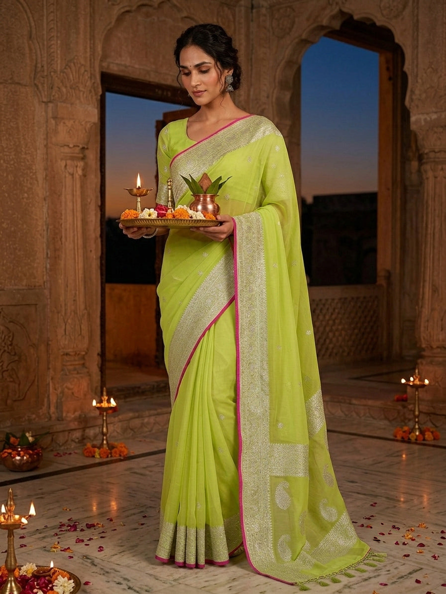 A woman wearing a bright lime green saree with a silver patterned border and pink trim, holding a brass tray with lit candles, standing in an ornate stone corridor decorated with diya lamps.