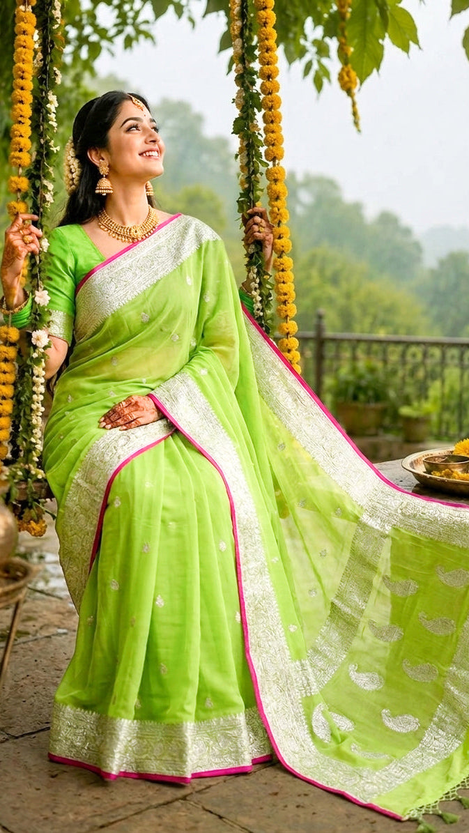 A woman wearing a bright lime green saree with silver zari embroidery and pink border details, seated on a swing outdoors with greenery and decorative garlands in the background.