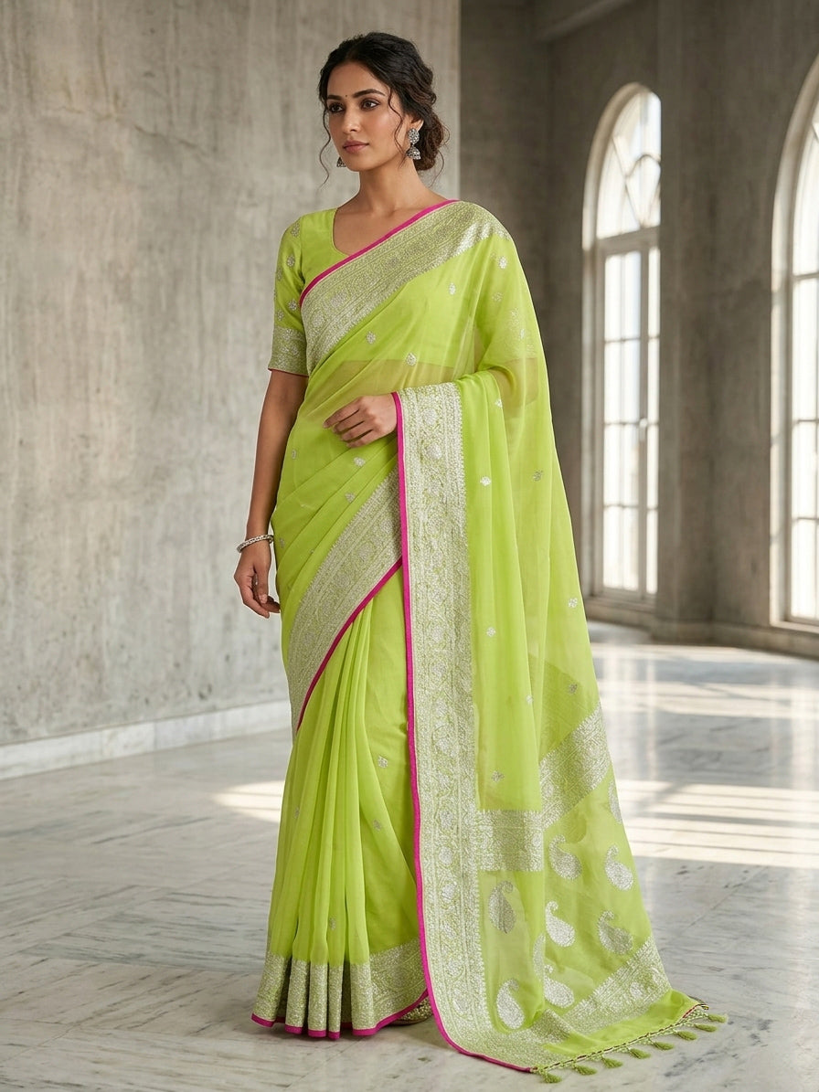 A woman models a bright lime green saree with a matching printed blouse in a grand, sunlit stone hall. The saree features a wide silver zari border and a vibrant pink edge trim.