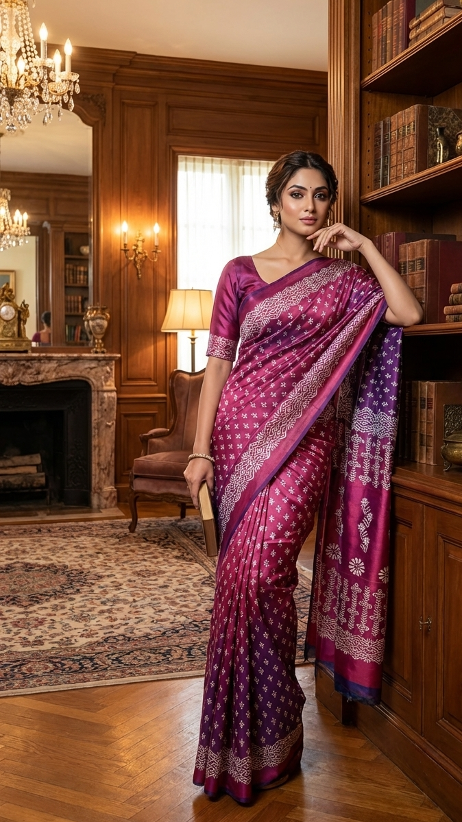Woman in a pink and purple saree standing in a room with wooden furniture and decor.