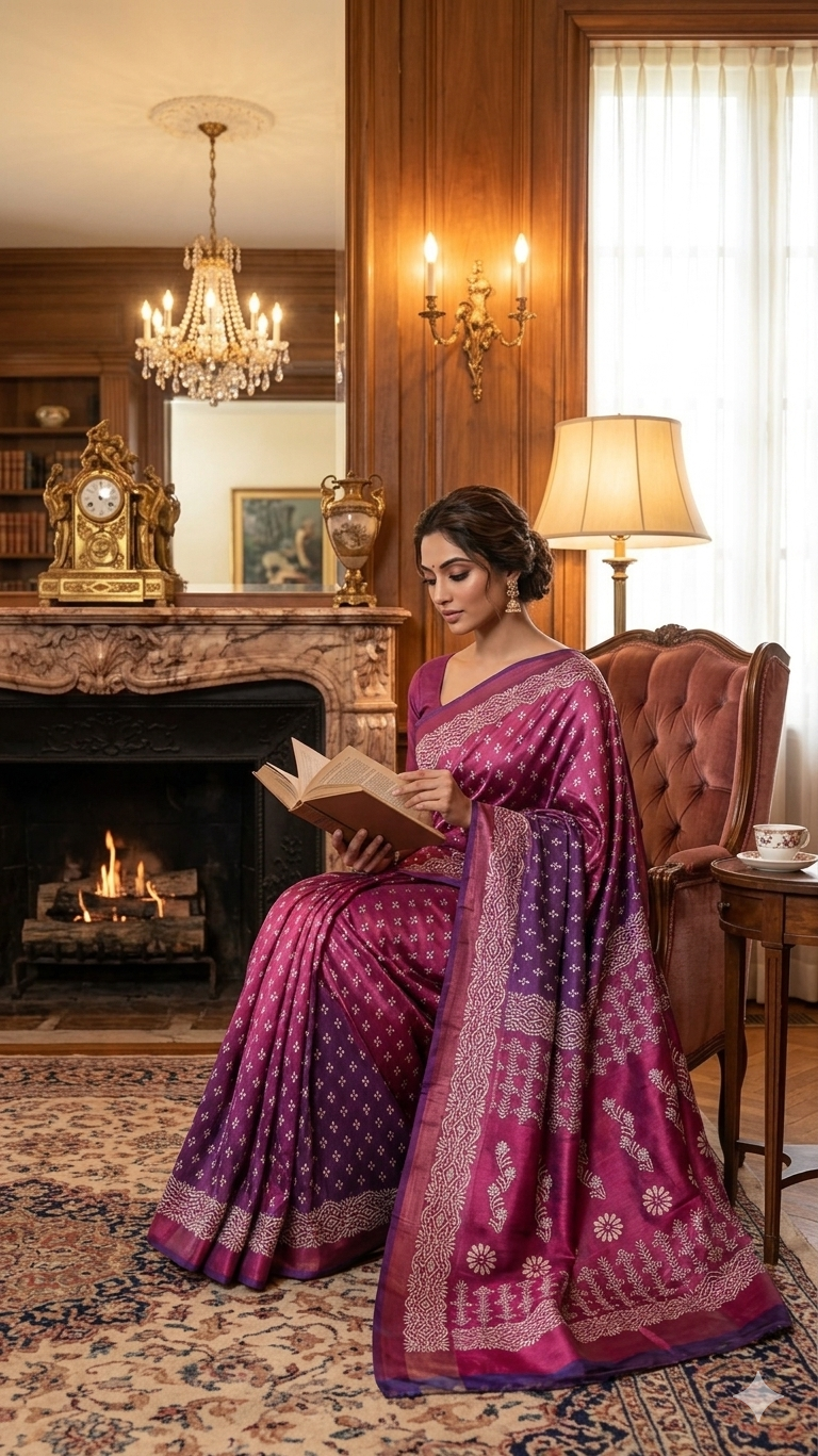 A woman in a purple saree reading a book in a cozy room with a fireplace and lamp. AI-generated.