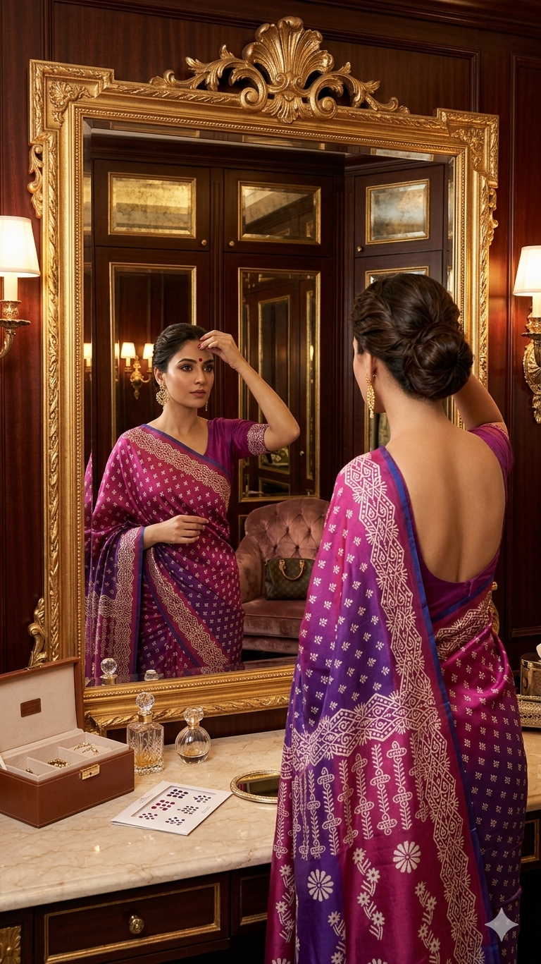 Woman in a purple saree adjusting her hair in front of a large ornate mirror.