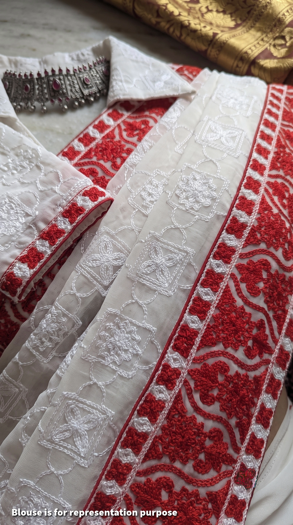 Shabeki Shaaj - Chikankari | Red and White Saree