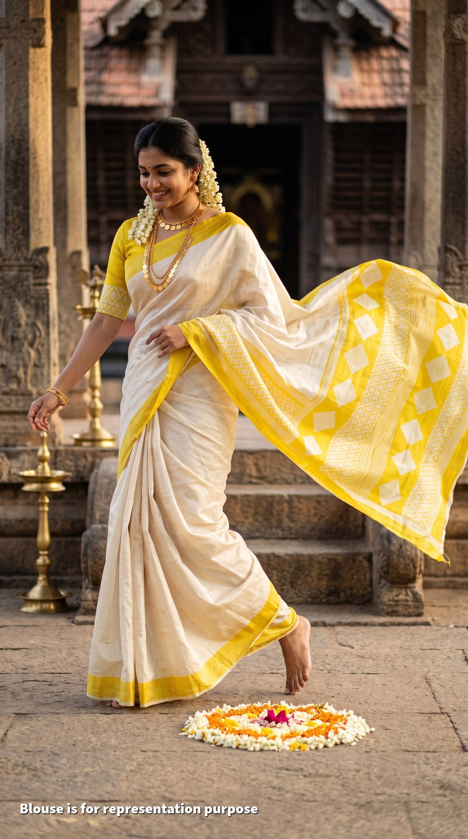 A woman in a white and yellow saree with a yellow blouse dances outdoors in front of a traditional stone temple. She is adorned with gold jewelry, and a flower rangoli circle is on the ground in front of her.