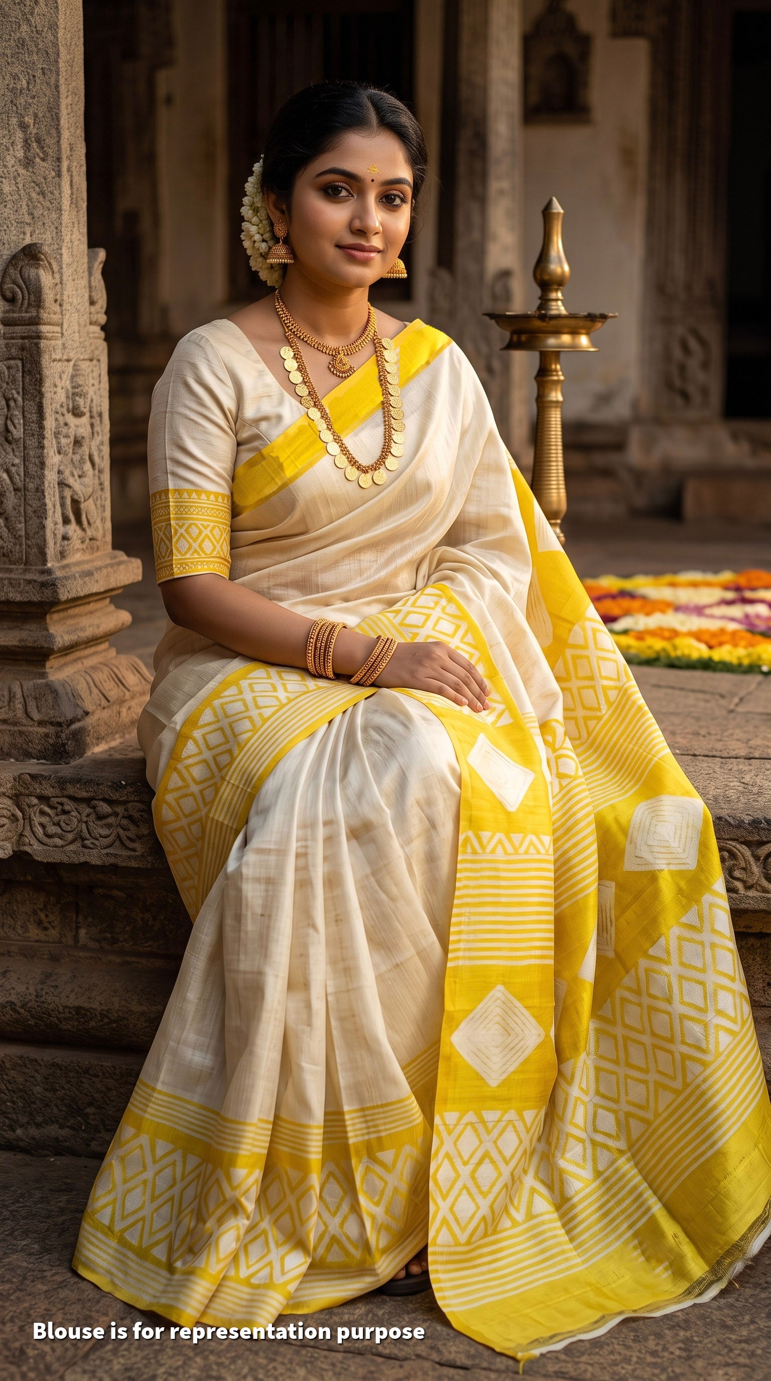 A woman seated in a stone courtyard wearing a white and yellow saree with geometric border patterns, gold jewelry, and floral hair ornaments. A brass oil lamp stands behind her, and a small text note at the bottom reads 'Blouse is for representation purpose.