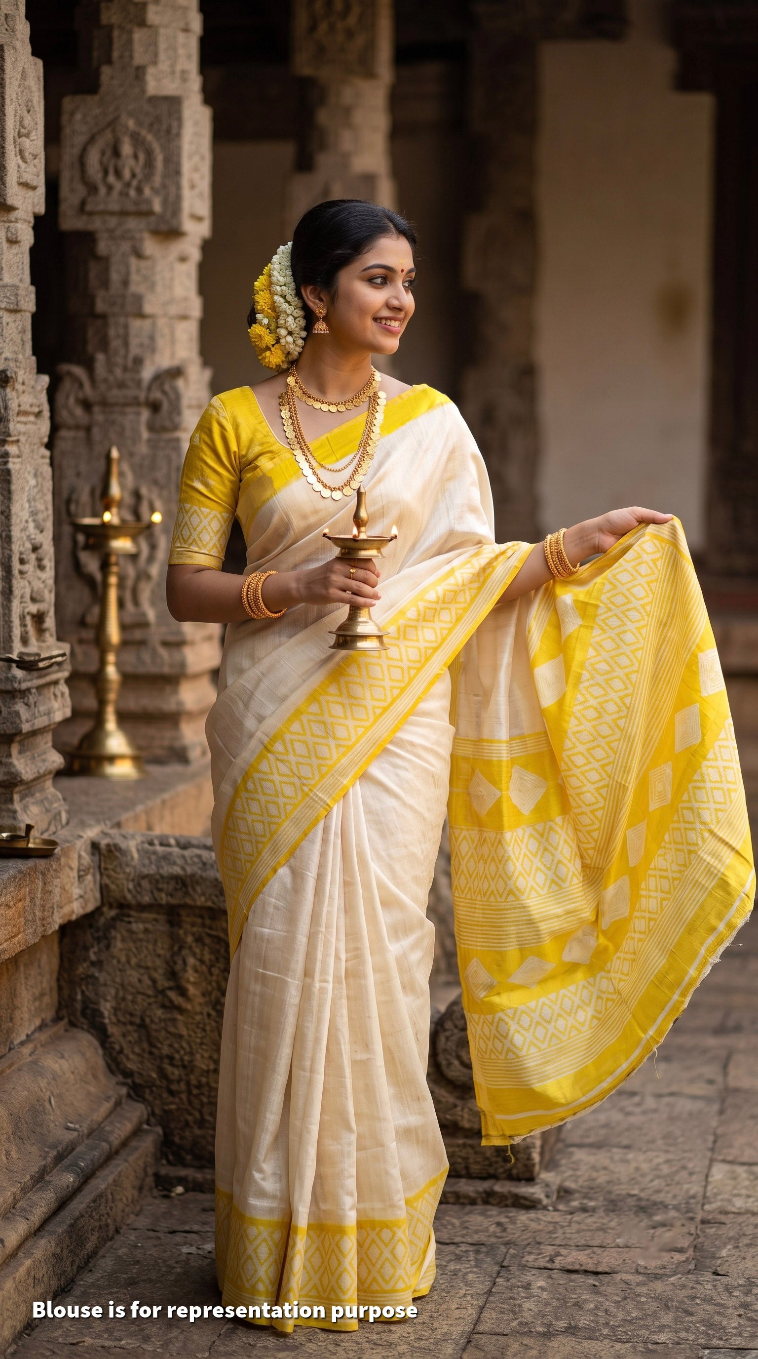 A woman wearing a traditional Indian saree stands in a stone corridor. The saree is white with a bright yellow border and pallu, paired with a matching yellow blouse.