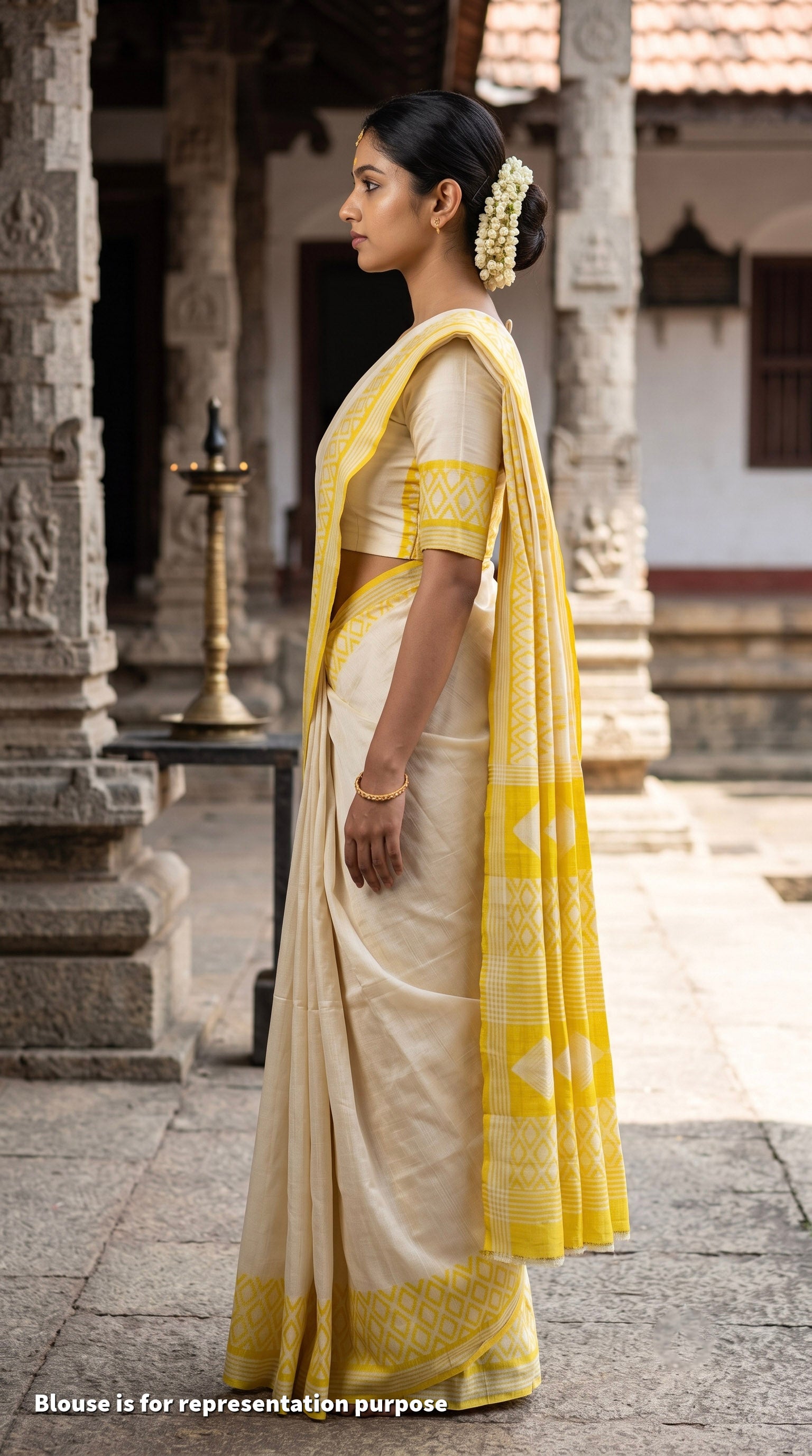 A woman wearing a white and yellow saree stands in side profile in front of a traditional stone temple courtyard. The saree has a yellow border and pallu with geometric patterns, and she is wearing a matching yellow blouse.