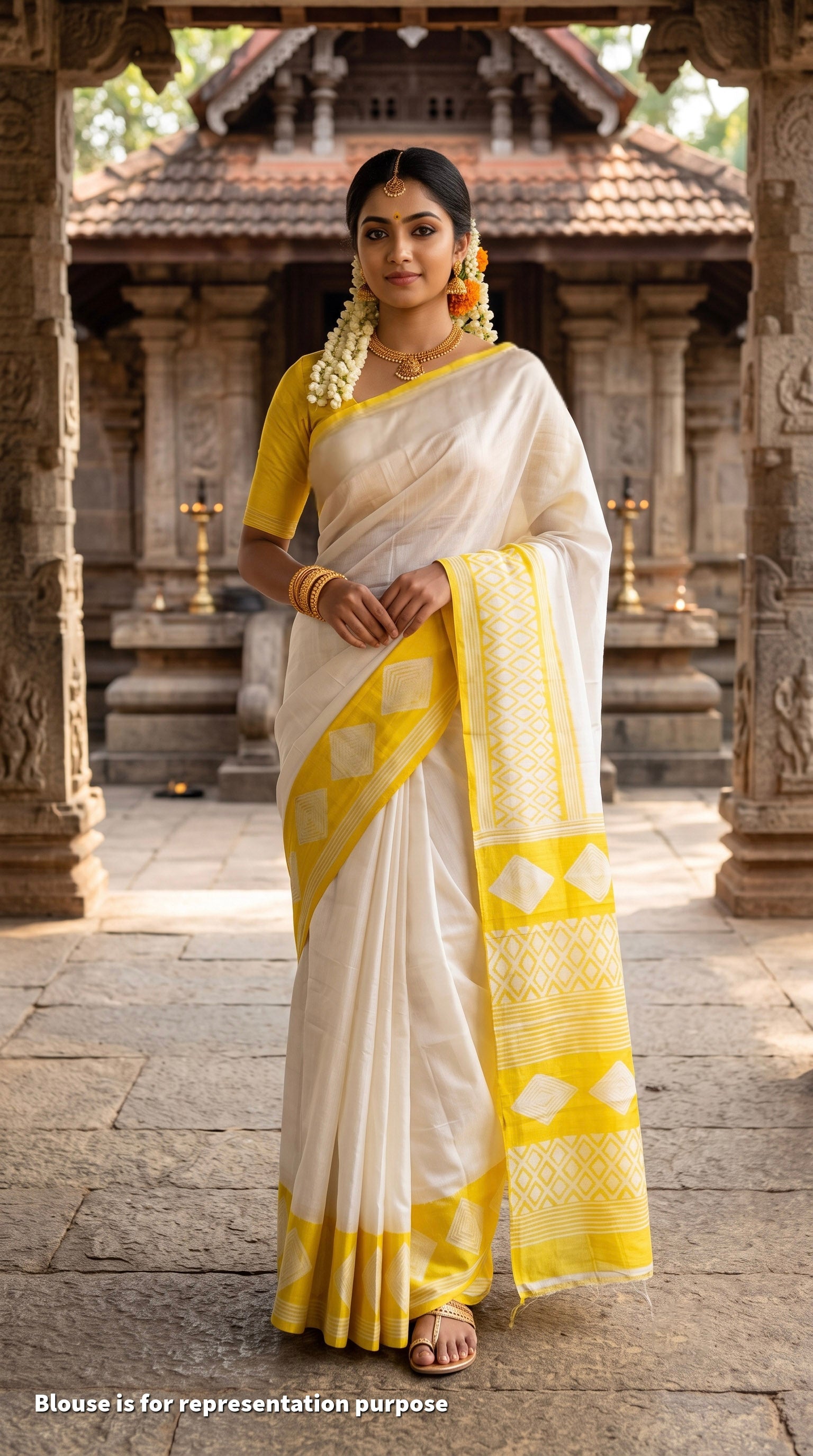 A woman wearing a white and yellow saree stands in a stone temple corridor. The saree has a white body with a bright yellow border and pallu, and a yellow blouse.