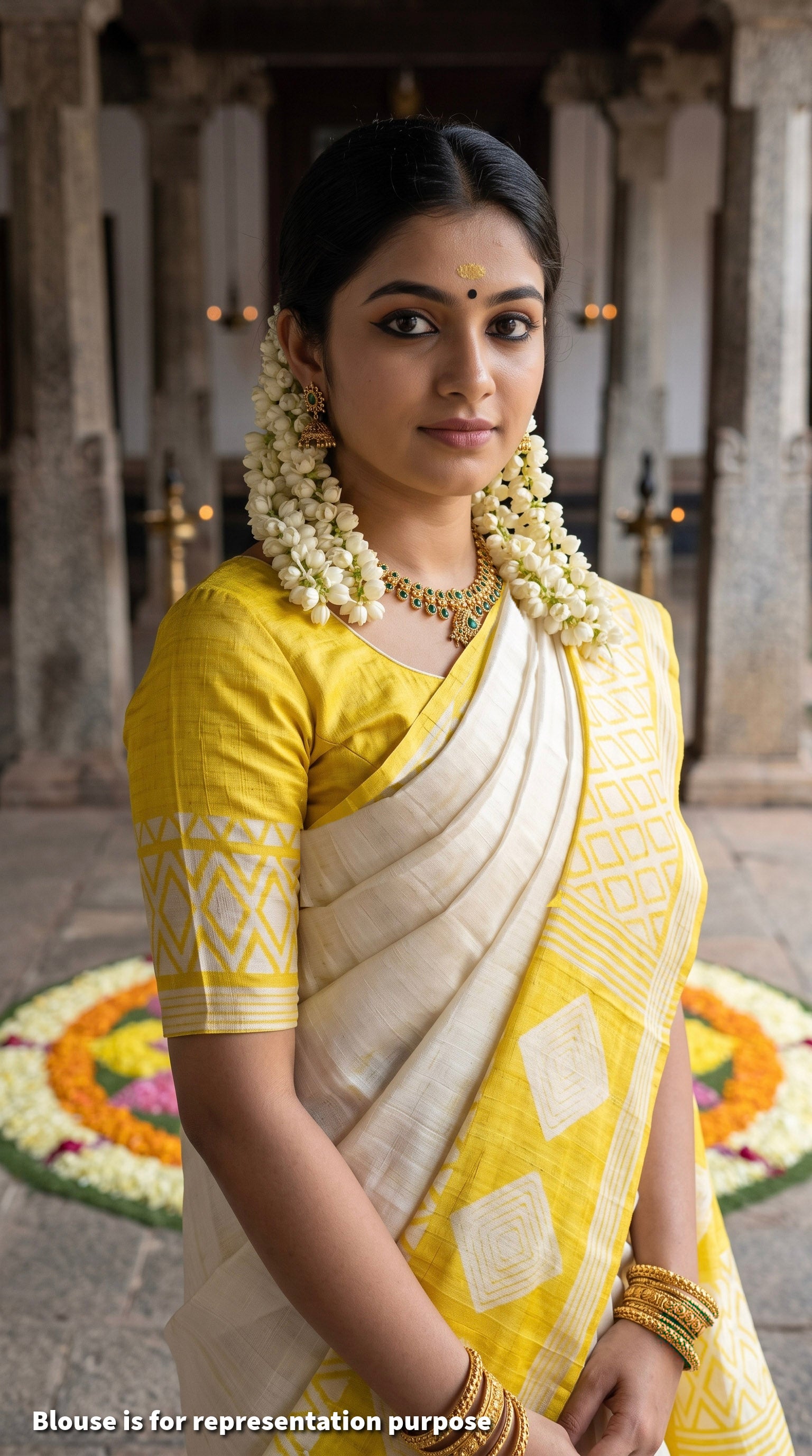 A woman wearing a yellow and white saree with geometric patterns, styled with a yellow blouse, gold jewelry, and white flower garlands, standing in front of a stone architectural background.