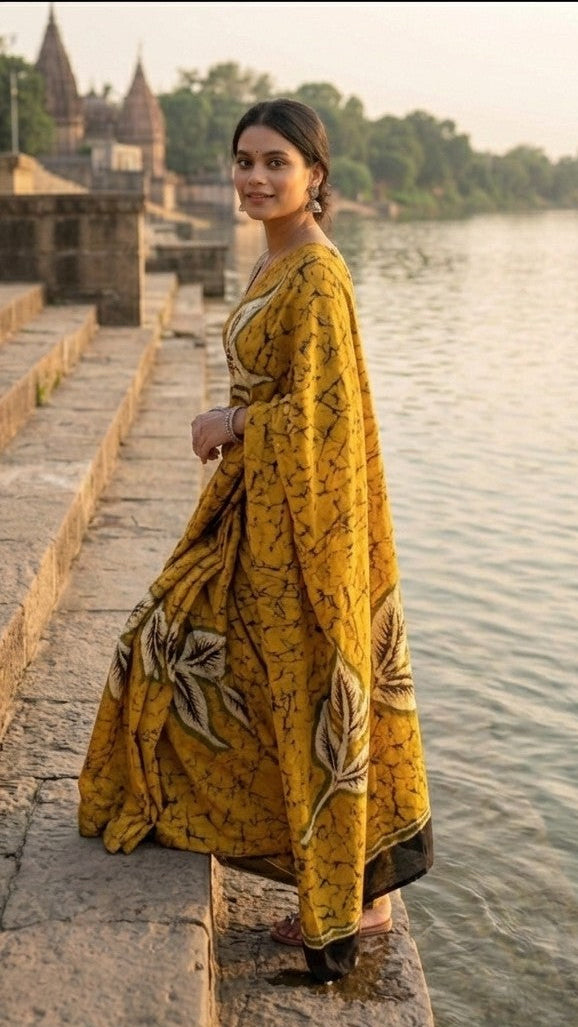 A woman in a yellow saree, standing on a dock by a river.