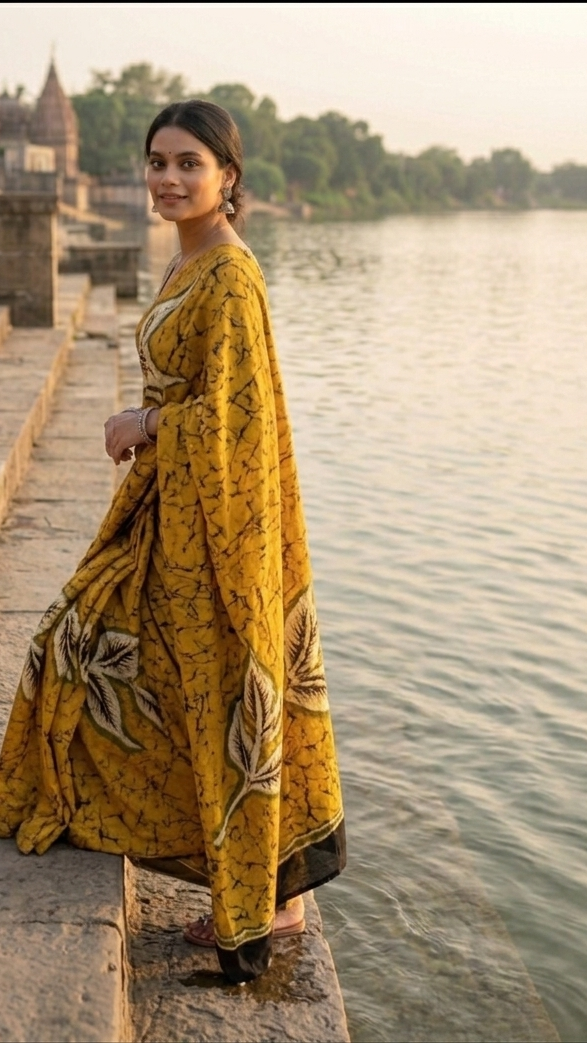 Woman in a yellow saree standing on stone steps by a river with a temple in the background