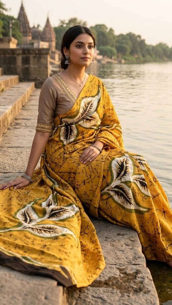 A woman in a yellow pure silk saree with leaf patterns sitting by a river with a temple in the background
