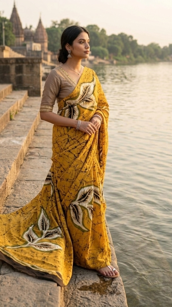 Woman in a yellow pure silk saree standing by a river with a temple in the background