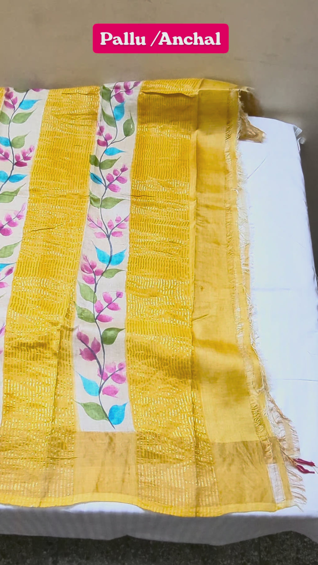Yellow Pure Zari Tussar Silk - Floral | Hand-painted Saree