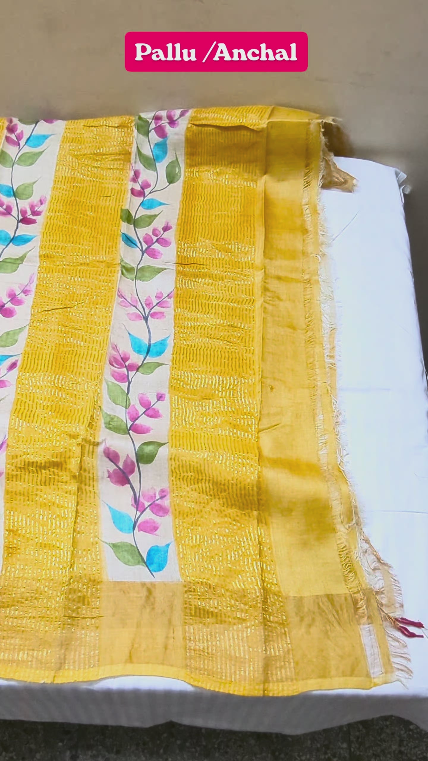 Yellow Pure Zari Tussar Silk - Floral | Hand-painted Saree