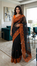 Black Orange Kota Doria Applique Saree | Summer Saree