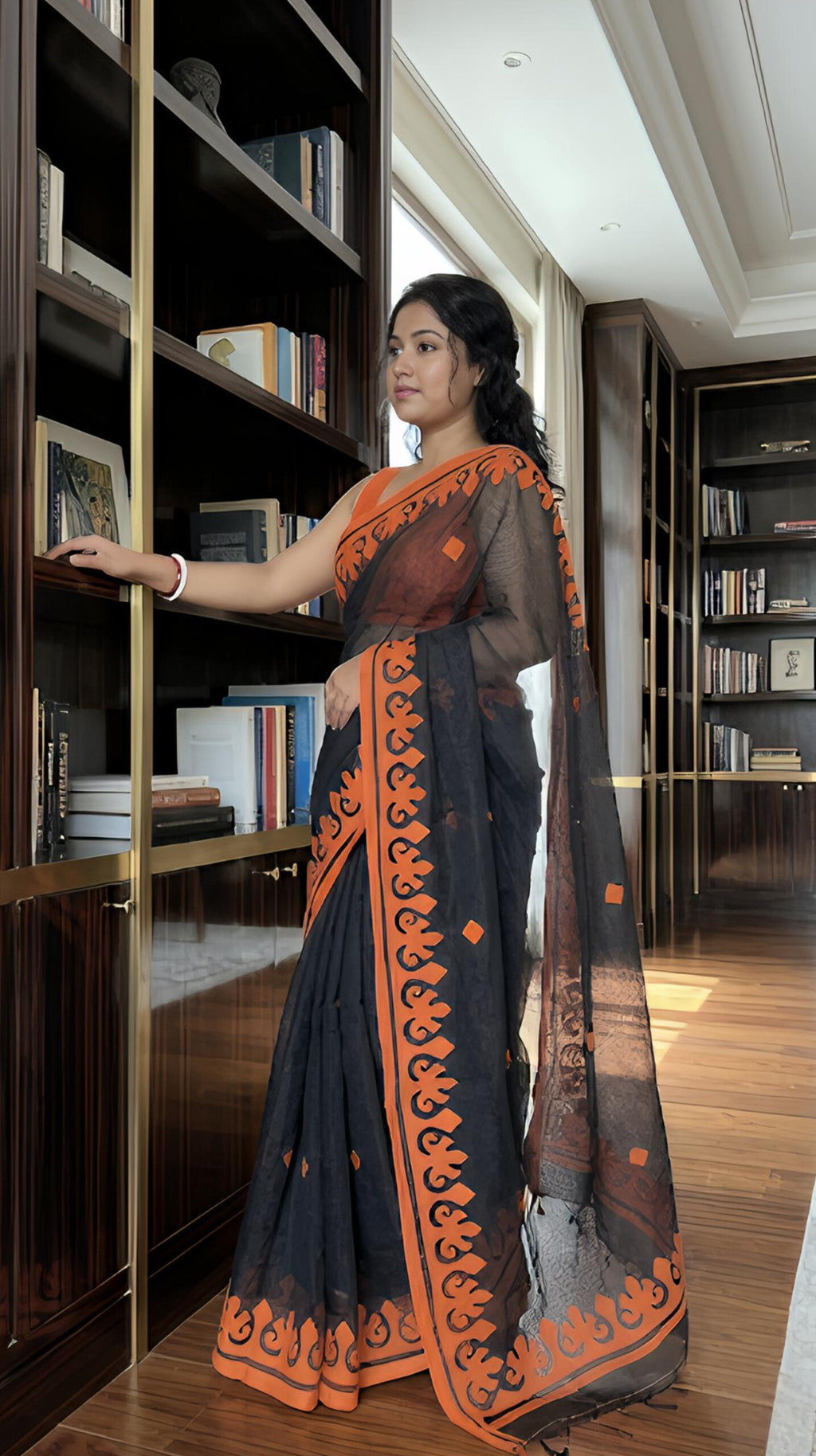 Black Orange Kota Doria Applique Saree | Summer Saree