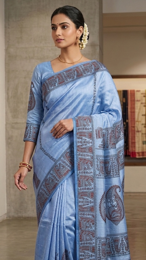 Bishnupuri Pure Katan Silk - Metallic Blue | Handloom Saree | Handblock print