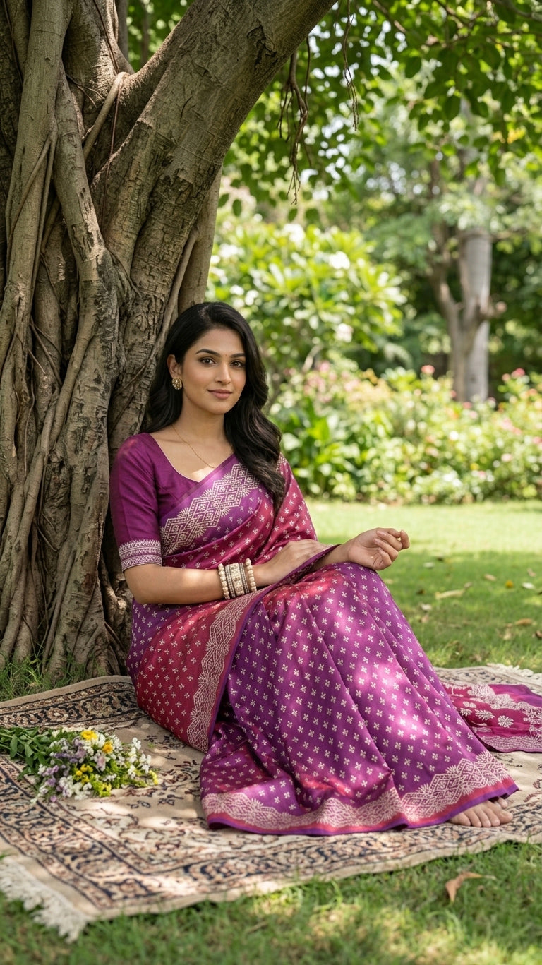 Bishnupuri Pure Katan Silk - Purple | Handloom Saree | Handblock print