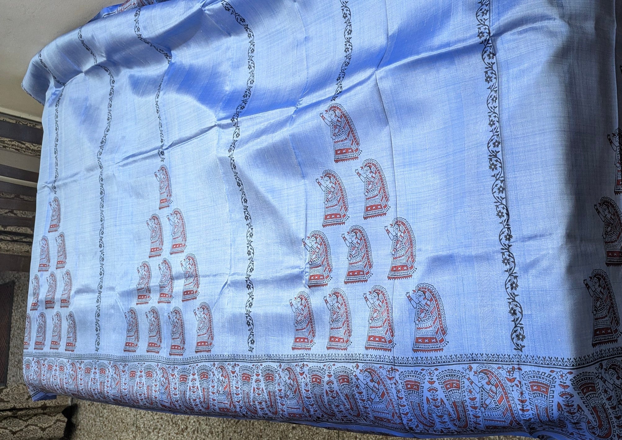 Bishnupuri Pure Katan Silk - Metallic Blue | Handloom Saree | Handblock print